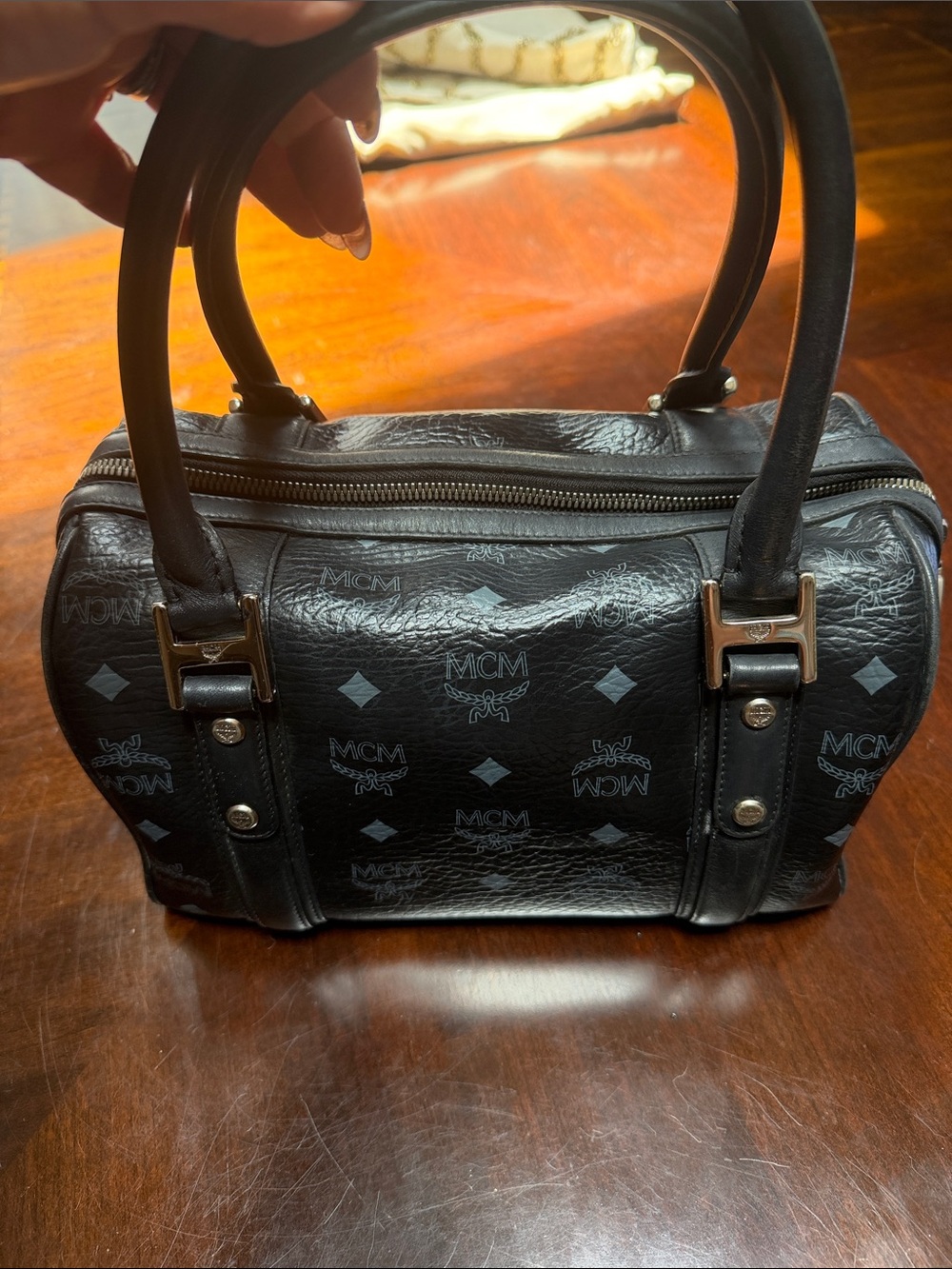 MCM Black Visetos Boston Satchel with Green and Orange M Charm - Picture 2 of 10